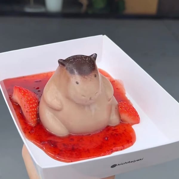 Kichitaiyaki's hippo-shaped pudding dessert with strawberry sauce and fresh strawberries.