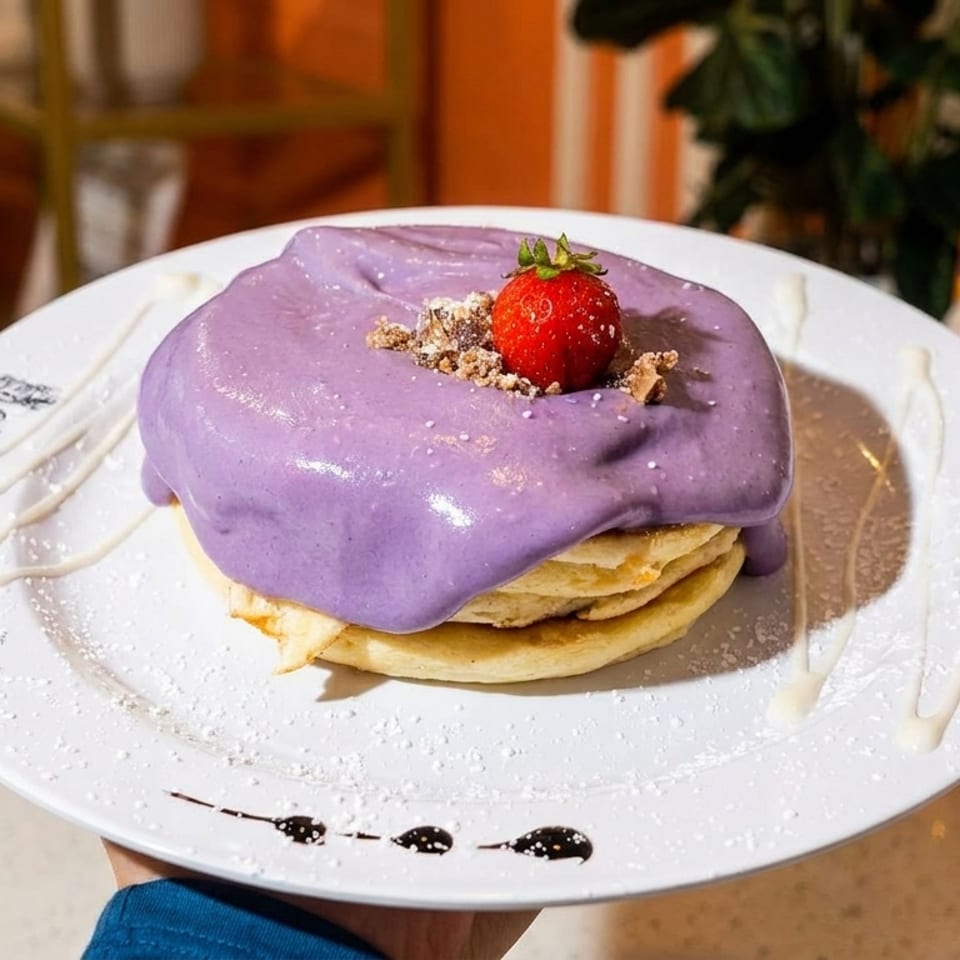 Fluffy pancakes topped with vibrant purple ube cream, a fresh strawberry, and cookie crumbles.