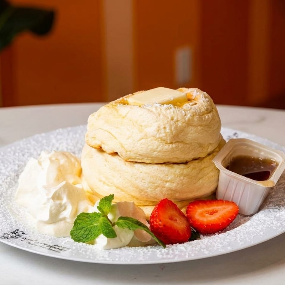 Fluffy soufflé pancakes topped with butter, whipped cream, strawberries, and syrup on a white plate.