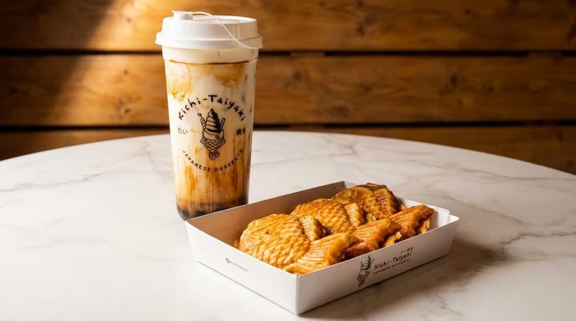 A Kichi-Taiyaki bubble tea and a box of taiyaki pastries on a marble table.