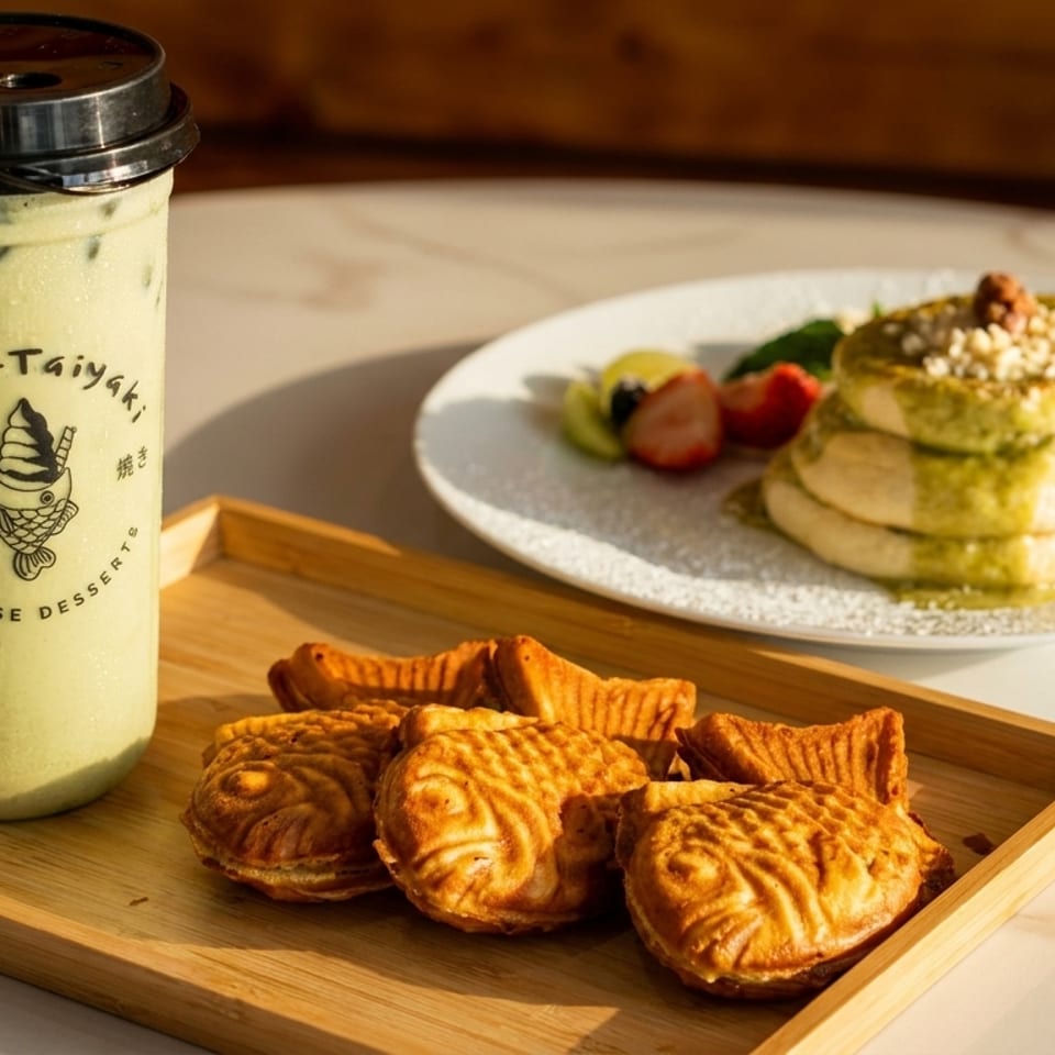 Matcha boba, taiyaki, and matcha pancakes with fruit on a white marble table.