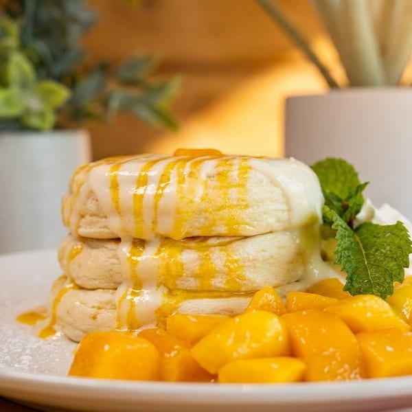 Stack of biscuits topped with mango glaze, whipped cream, mint, and diced mangoes.
